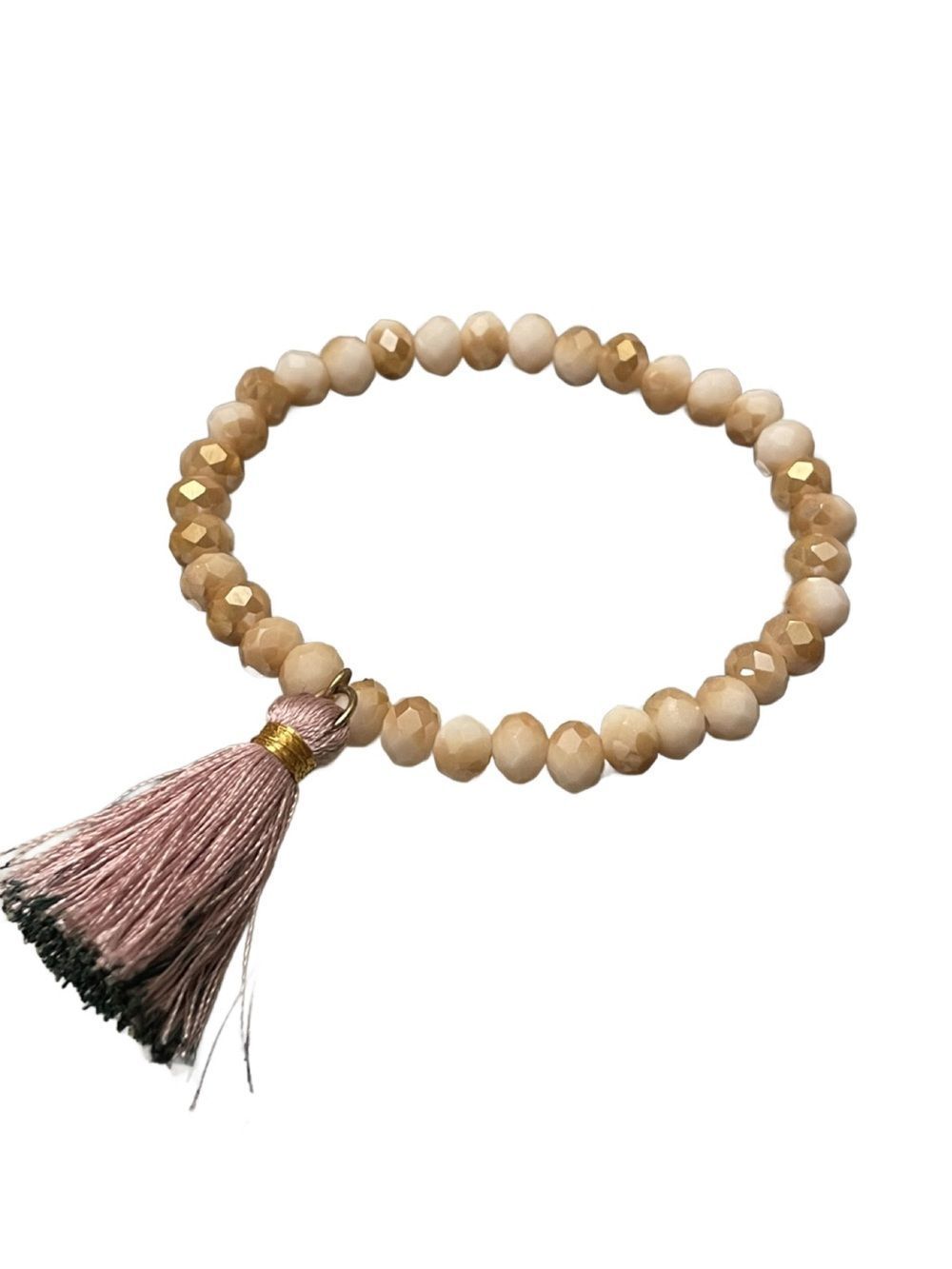 Beige Faceted Bead Bracelet with Pink Tassel